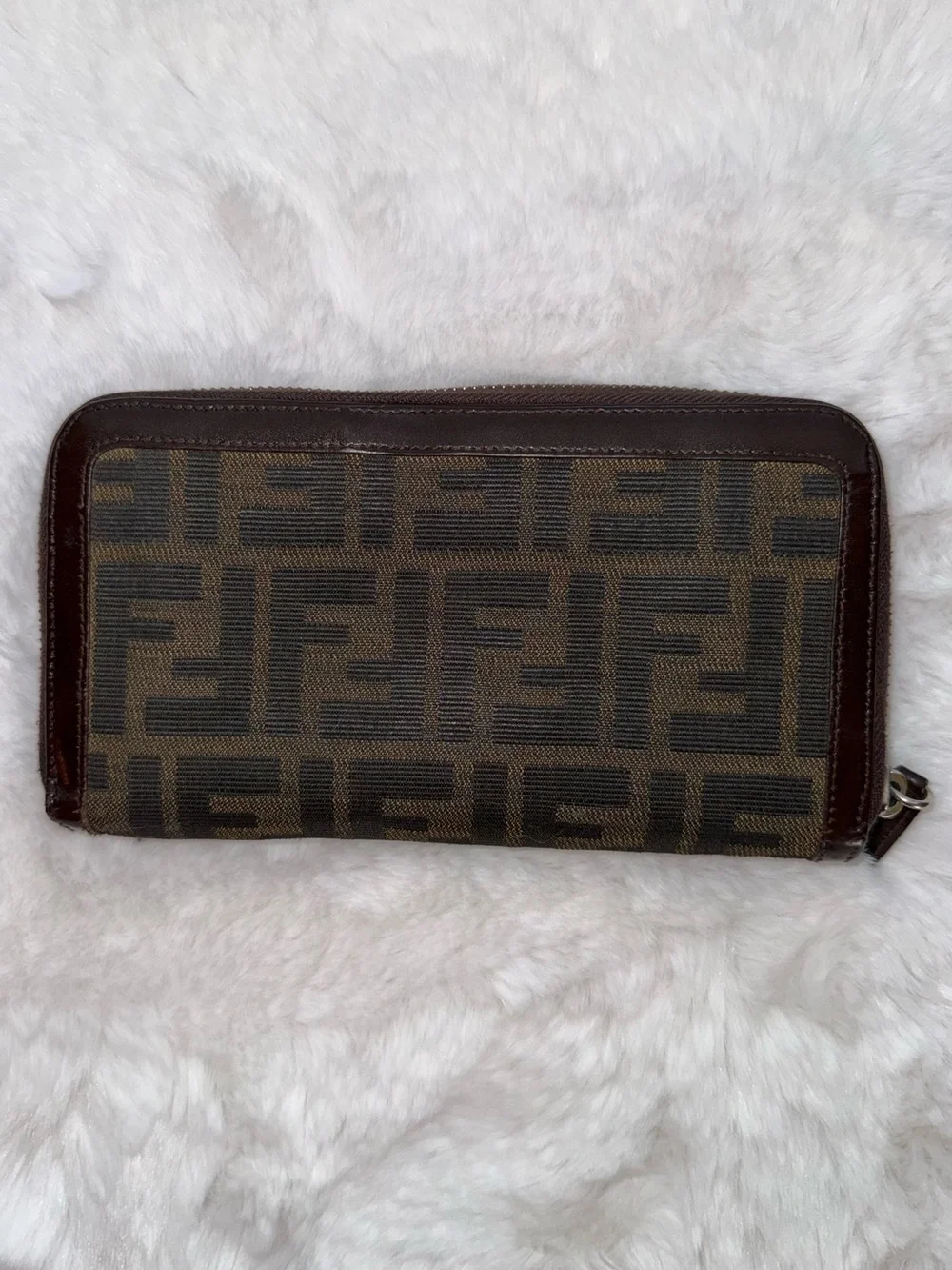 Fendi Monogram Canvas and Leather Zip Wallet in Dark Brown with Silver Hardware